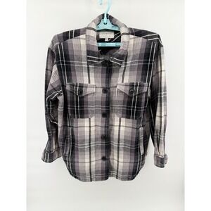 Lucky Brand Plaid Flannel Shacket Women's M Black Gray Cream Button Up